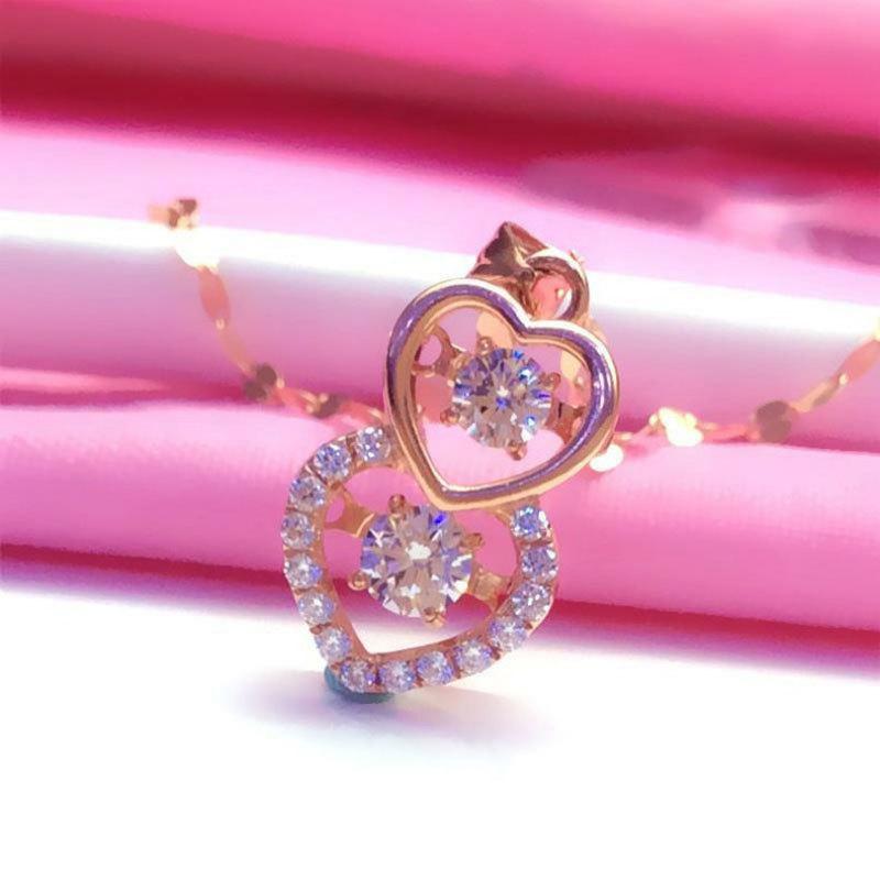 Exquisite Russian 585 Purple Gold Luxury Full Diamond Double Heart Pendant Rose Gold Plated Color Gold Design Gorgeous Necklace