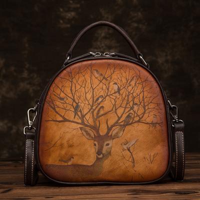 Elk Birds Printed Vintage Handbags Genuine Leather Shoulder Bags for Women Ladies Luxury Design Crossbody Bag