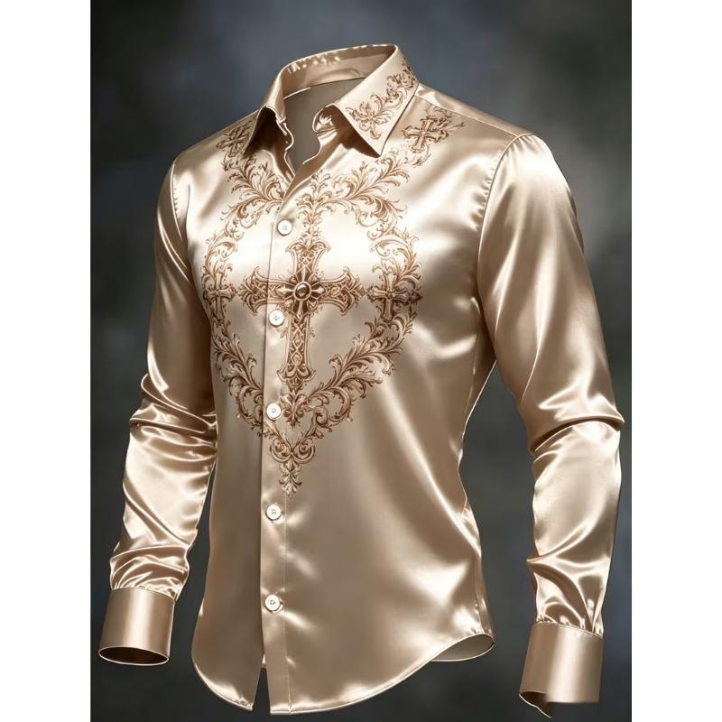New Heart-shaped Rolled Grass Cross Partial Printed Long Sleeved Shirt with a Smooth Drape and Satin Lapel for Men