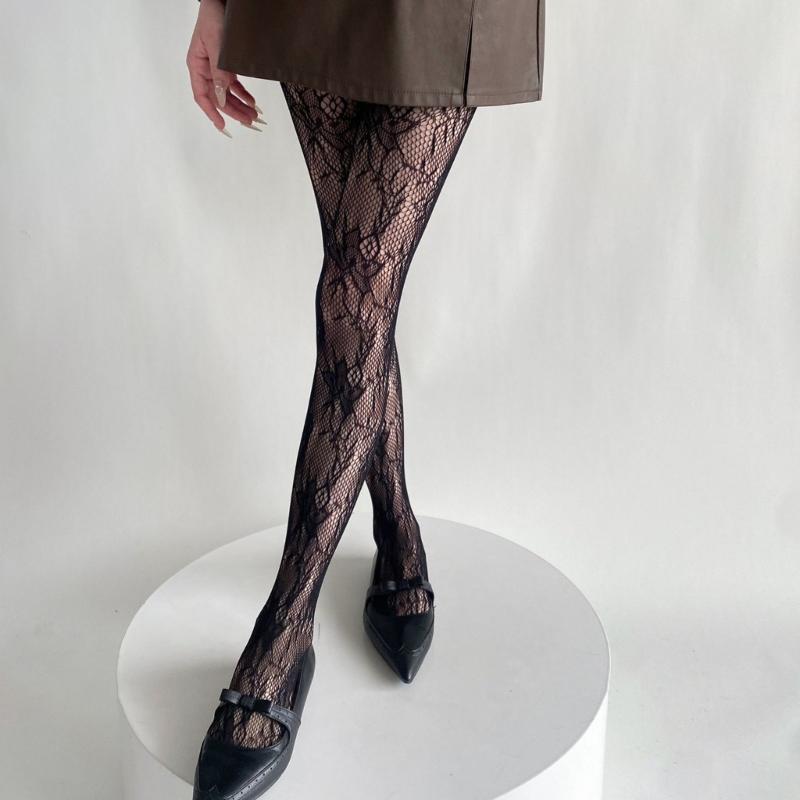 Womens Japanese JK Vintage Flower Jacquard Fishnet Tights Stockings Sexy Hollowed Out Lace Sheer Pantyhose Leggings