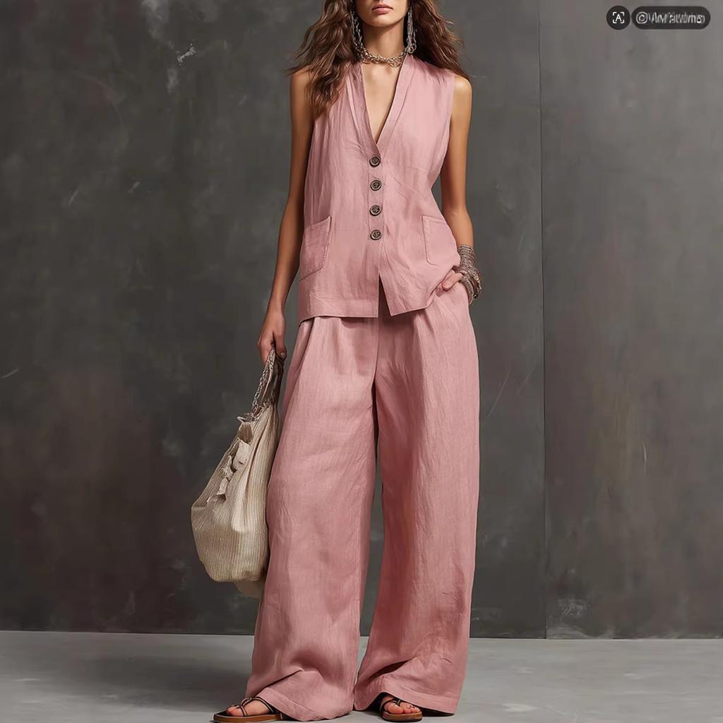 Completo da Donna in Due Pezzi con Gilet Scollo a V Senza Maniche Monopetto e Pantaloni a Gamba Larga Vita Alta Aspetto Lino