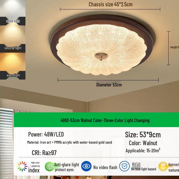American Retro Mid-Century Walnut Crystal Ceiling Light for Master Bedroom, Study, or Restaurant