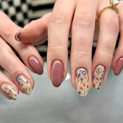 Chic Almond-Shaped Press-On Nails with Cute Floral Design - Glossy Finish, Short Length, Mixed Colors - Perfect for Hands & Feet Care