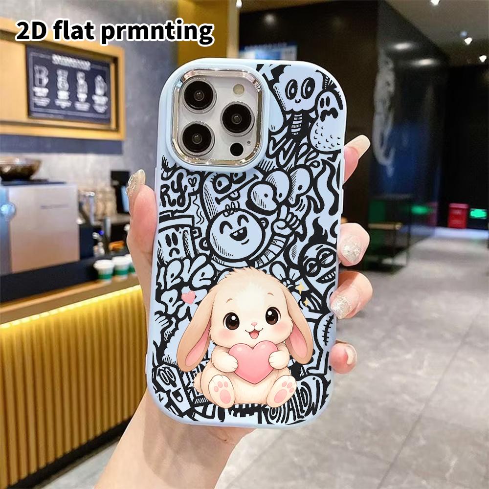 Phone Case: 2D Flat Design Suitable for iPhone 18 17 16 15 14 13 Pro Protective Case, Couple Style, Hugging Heart White Rabbit, Christmas and Hallowee