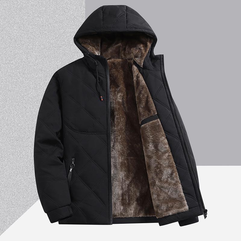 Men's Mid-Length Hooded Winter Coat with Velvet Lining for Middle-Aged and Elderly