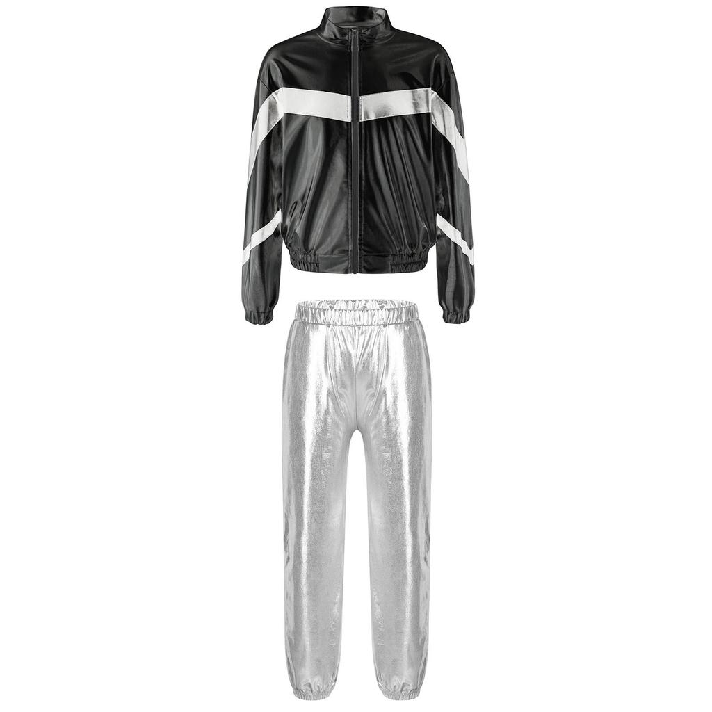 Girls Hip Hop Dance Jacket Metallic Zipper Contrast Color Stand Collar Coat Glittery Waist Pants Set
