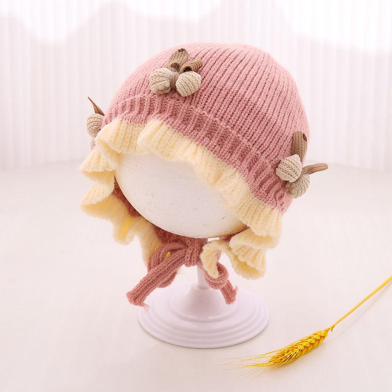 Cute Bow Ruffle Baby Hat Winter Thicken Knitted Warm Infant Lacing Cap Solid Color Newborn Girl Ear Protection Bonnet Beanie