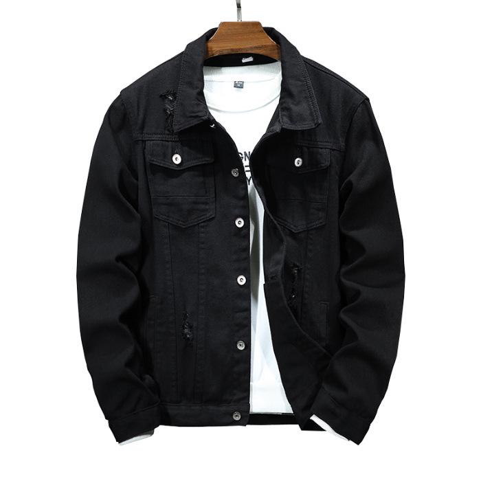 

Men s Trendy Black Denim Jacket: Casual, Versatile, Ripped Style for Autumn and Winter L чистый/чёрный