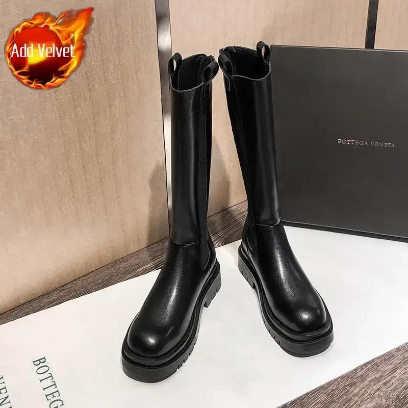 Fashion Knee High Shaft Shoes Woman Winter 2024 Round Toe Middle Heel Long Boots for Women Sale On Promotion Large Size Warm Gyaru Work