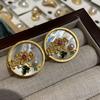 Round White Sea Shell Relief Flower Stud Earrings, Retro Classic Court Style Vintage Copper Plated With Sand Gold New Chinese Style