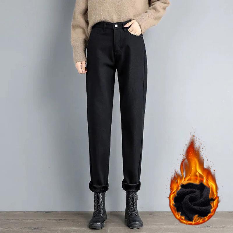 

Женские джинсы-шаровары с высокой талией и бархатной подкладкой — свободный крой, фасон «морковка» для осени/зимы Medium