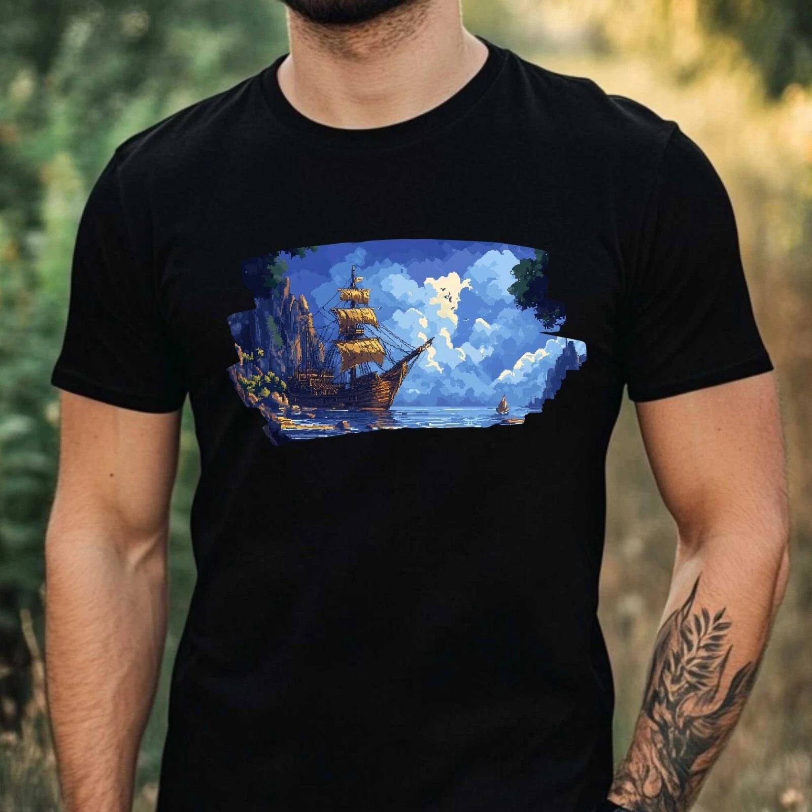 T-Shirt Herren Piratenschiff Pixel Art Motiv Baumwolle Größe XS bis 5XL XXXXL