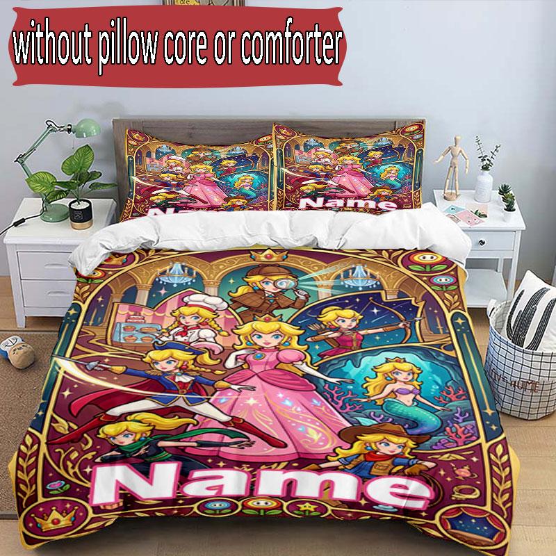 3pcs Duvet Cover Set (1*Duvet Cover + 2*Pillowcase, Without Core), Custom Name Princess Peach Toadstool Pattern Bedding Set, Home Bedroom Decor Gift