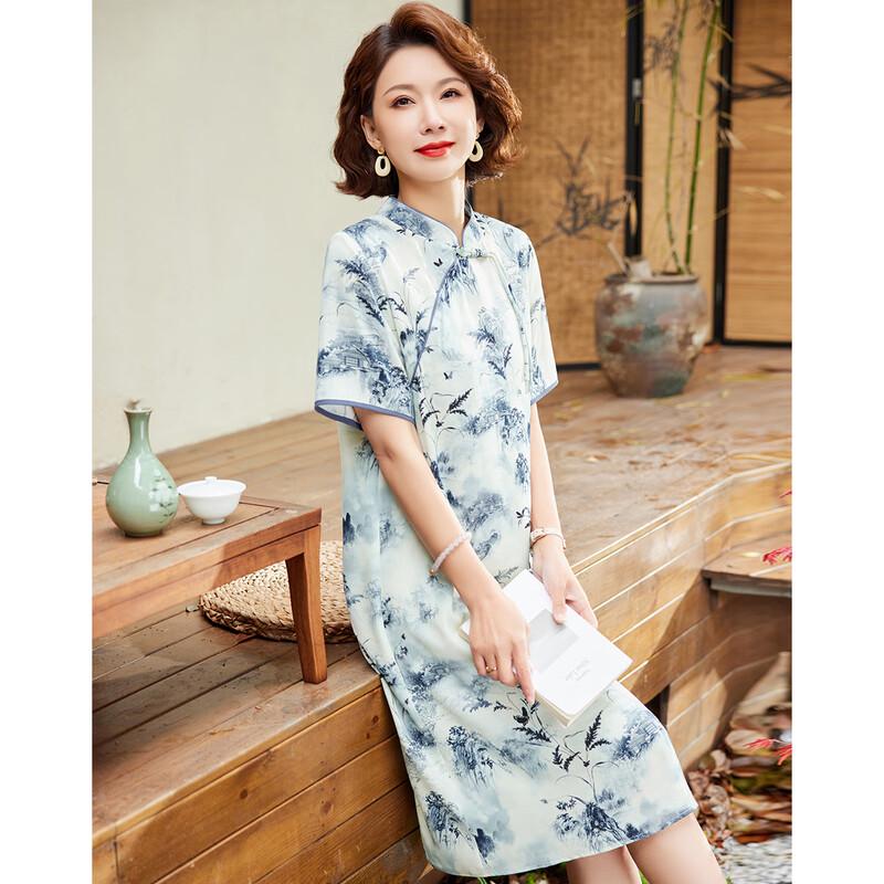 Elegant Summer Chinese Qipao Print Short-Sleeved Dress
