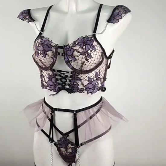 Europäisches & Amerikanisches Mesh Stickerei Dessous Set: Sexy dreiteilige Damenunterwäsche