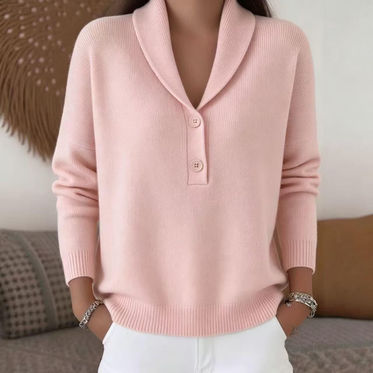 Französischer Retro V-Ausschnitt Zwei Knöpfe Strickpullover Weiche Lässige Oberbekleidung XL rosa