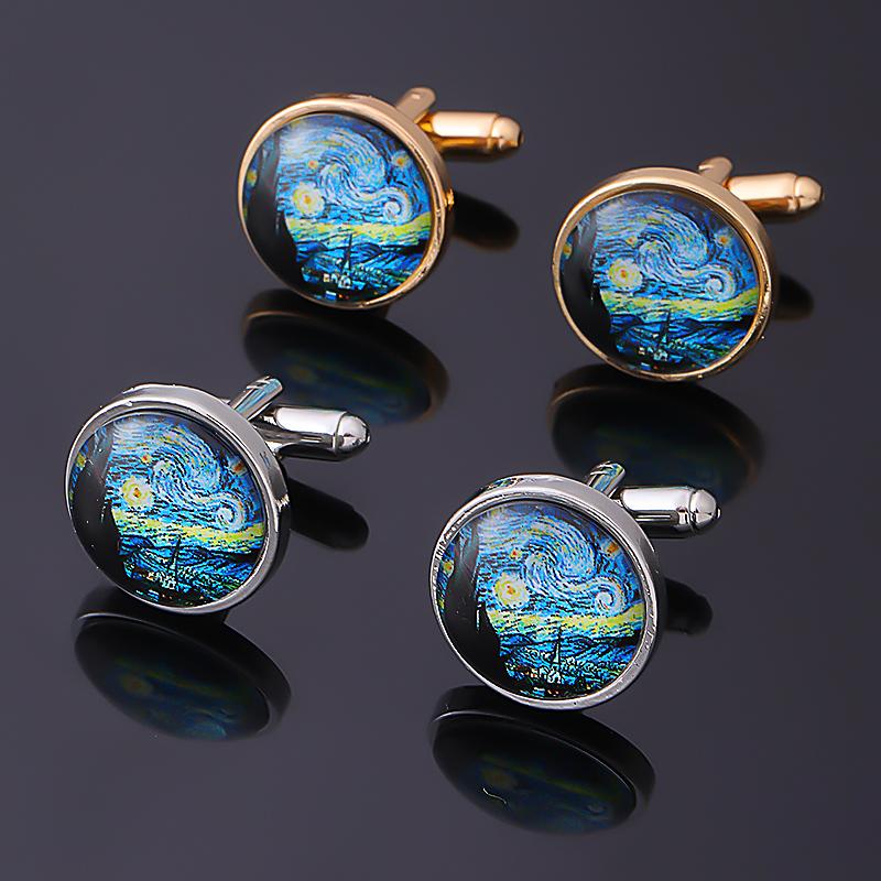 Funny Glass Cabochon Art Picture Cufflinks Van Gogh The Starry Night Pattern Round Sleeve Button