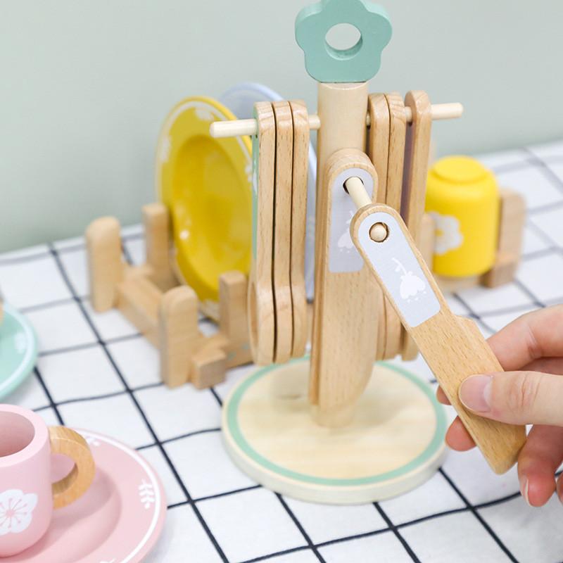 Cooking Pretend Kids Set With Wooden Kitchen Utensils Tableware For Learning