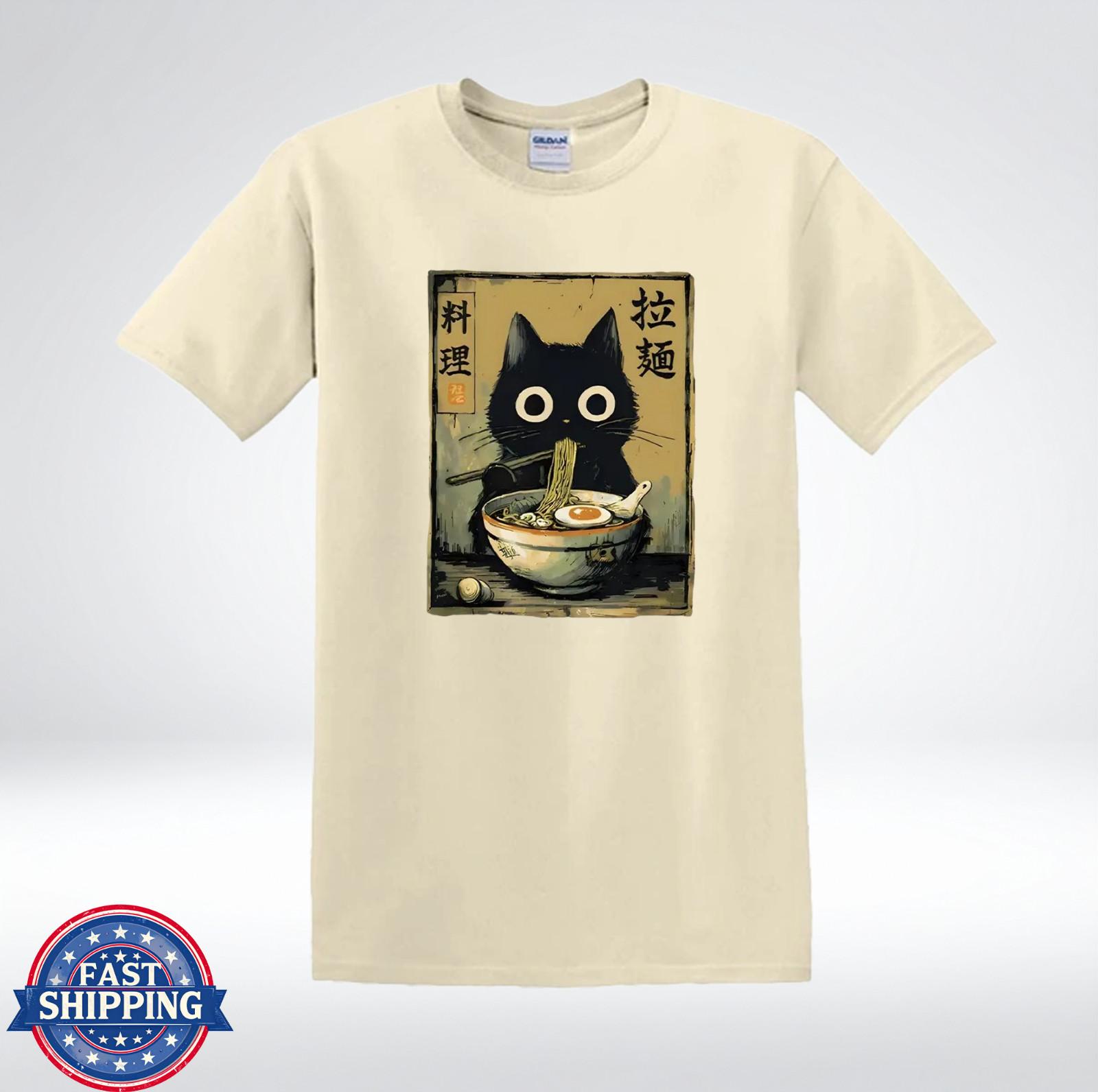 Vintage Japanese Cat Ramen Shirt Black Cat Noodles Kanji Art T-Shirt M