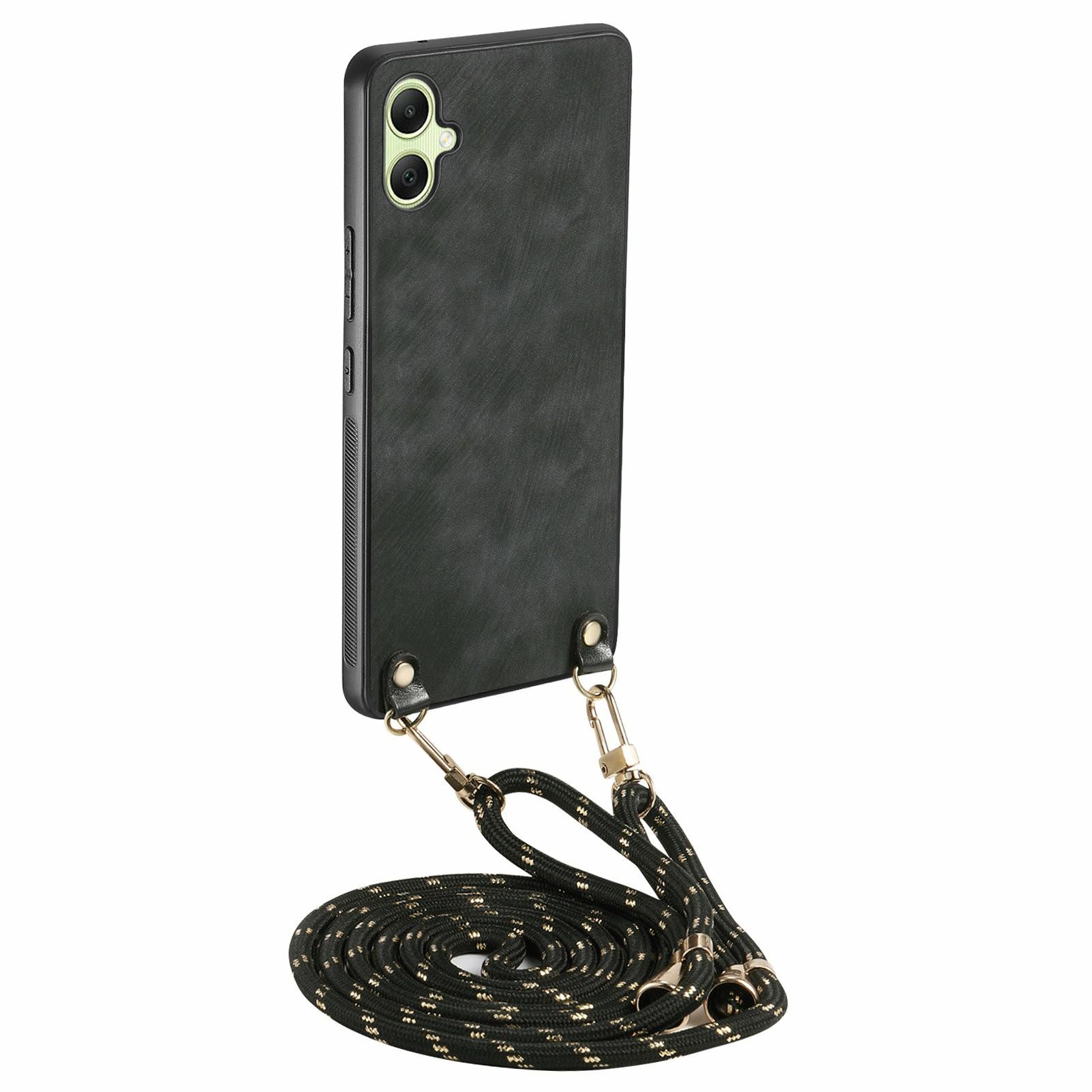 

For Samsung Galaxy A06 4G Case Retro Texture Leather Coated PC+TPU Phone Cover with Hanging Rope C