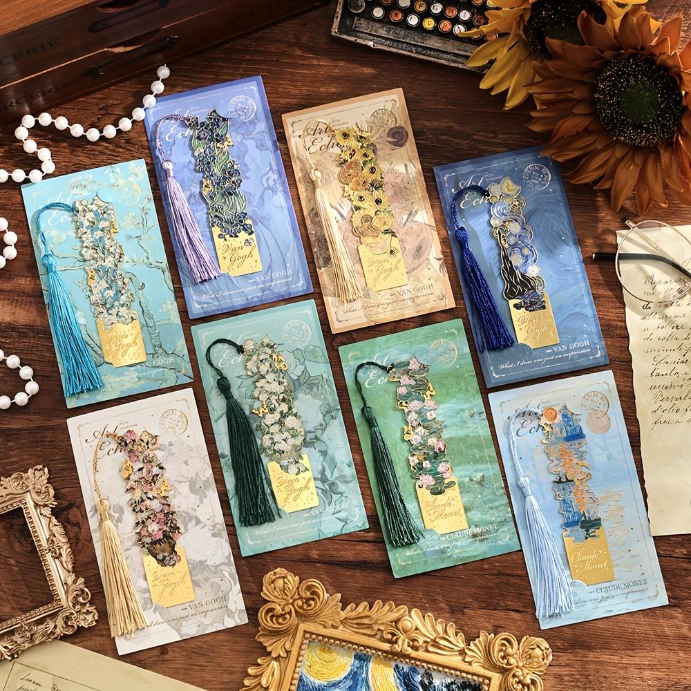 1pc Van Gogh Inspired Golden Hollow Metal Bookmark Artistic Oil Painting Design with Tassel, 8 Unique Window Shapes for Book Lovers