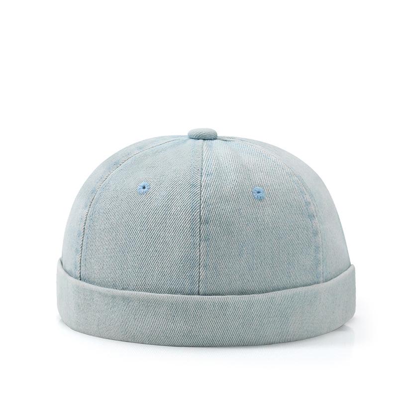 

Hip Hop Blue Denim Washed Cotton Landlord Hat Docker Cap Rolled Edge Brimless Hat Solid Adjustable Beanie Hats Streetwear небо синє кольору