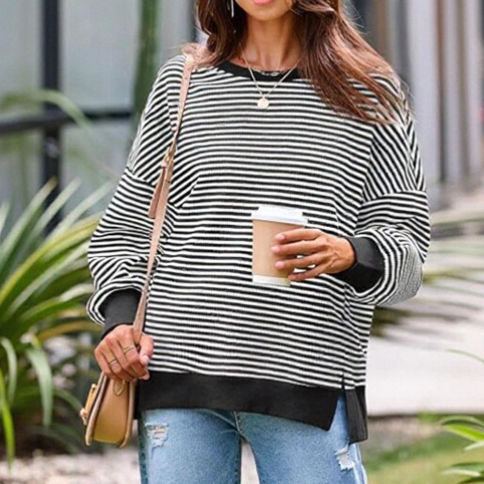 

Женское свободное и модное худи-пуловер с круглым вырезом и разрезами с длинными рукавами M