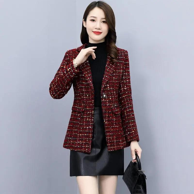 Women Blazer  Autumn Winter Woolen Suit Female Suit Jacket One Button Office Clothing Temperament Loose Top C