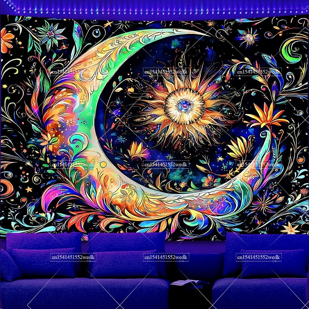 Skeleton Eye Blacklight Mushroom Tapestry UV Reactive Sun And Moon Neon Tapestrys Glow In The Dark Aesthetic Room Decor Posters
