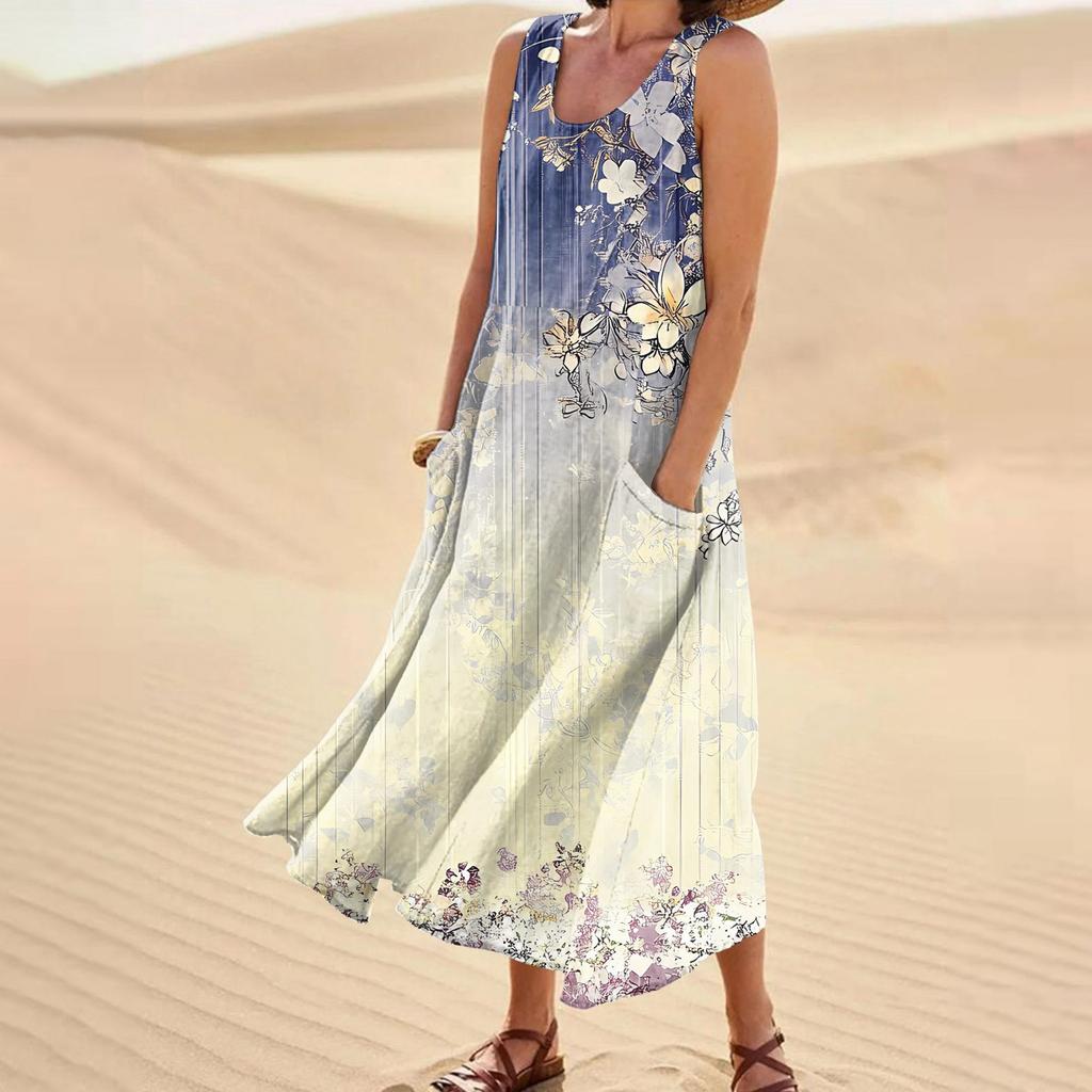 Women's Casual Fashion Flower Printed Sleeveless Pocket Dress