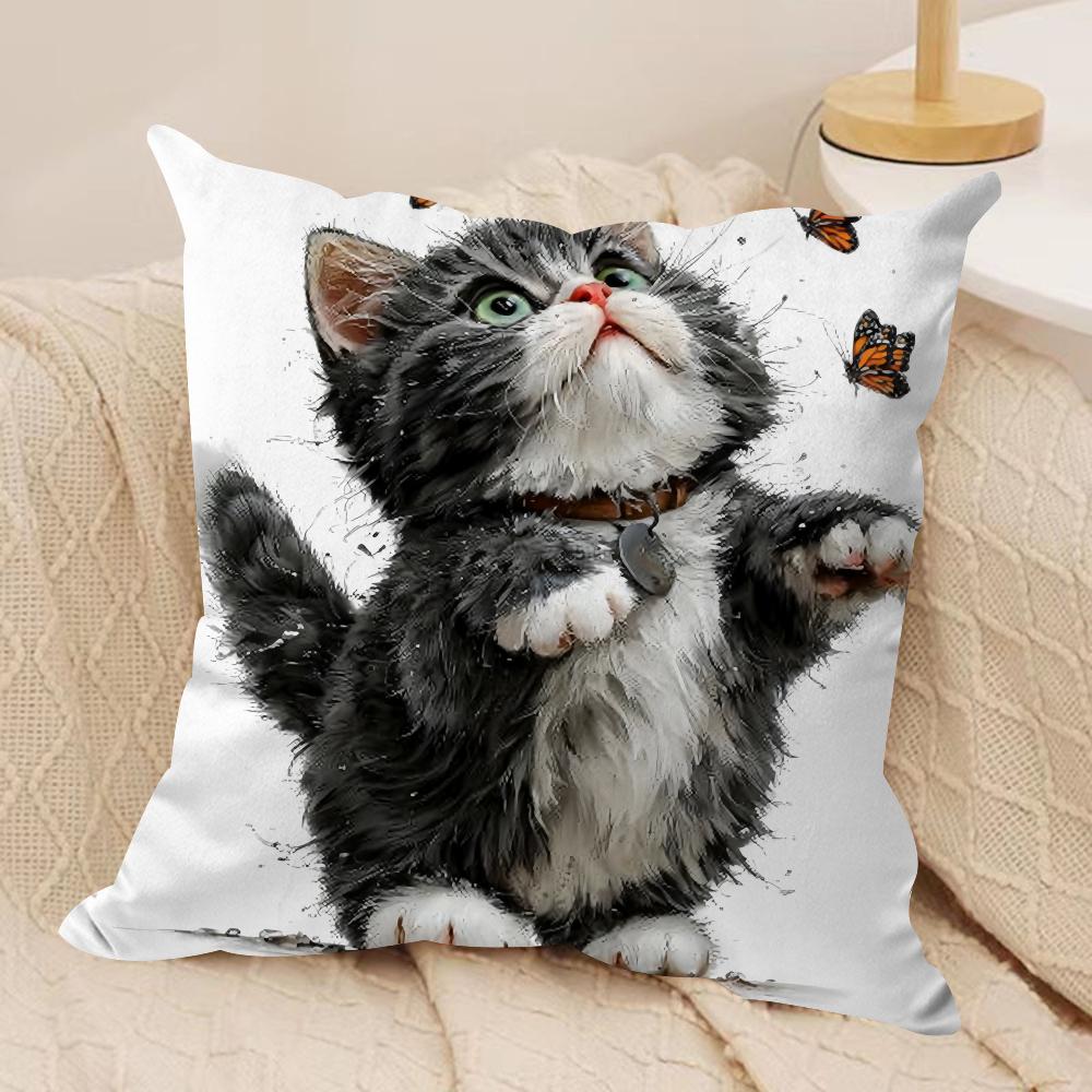 Cute Cat and Flower Cushion Cover Short Plush Doublesided Print Square Throw Pillow Covers Sofa Home Cushion Decor