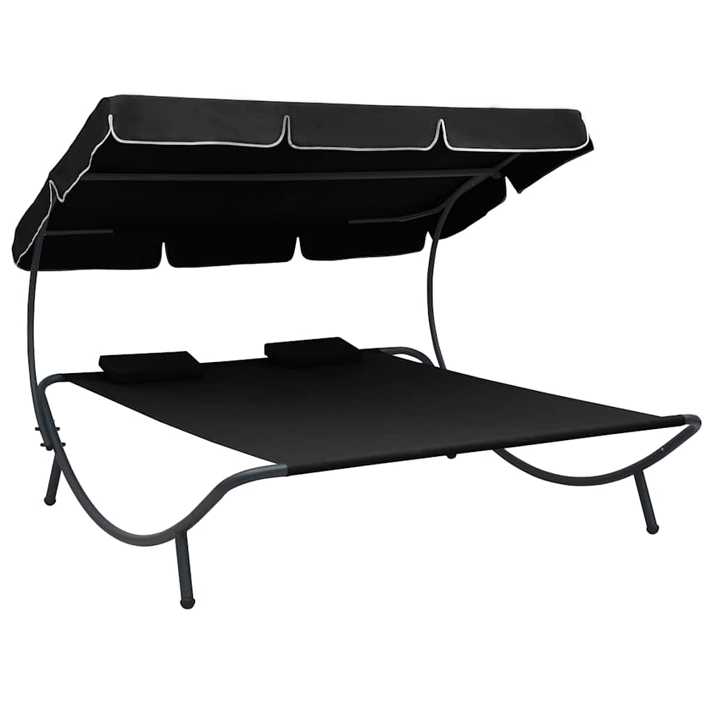 Sun Lounger with Sun Canopy and Cushions Black