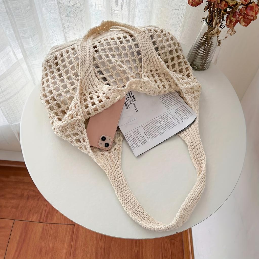 Lightweight Women's Minimalist Crochet Tote Bag Large Capacity Hollow Out Woven Design, Durable Fabric with Fixed Shoulder Strap