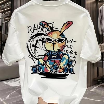Herr sommar 100% ren bomull moderiktig avslappnad lös svart kanin tecknad mönster tryckt rund hals kortärmad T-shirt topp