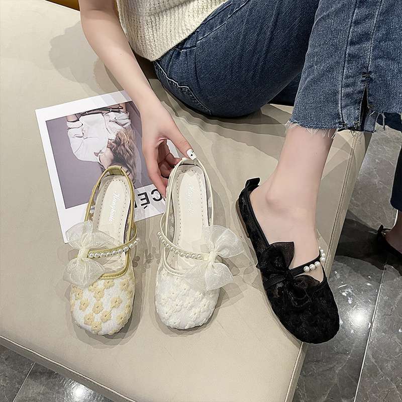 Bow bag head slippers women's outer wear 2025 summer thin mesh breathable one pedal flat lazy maternity shoes