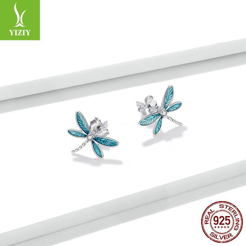 Blue Oil-Dripping Dragonfly Stud Earrings, Niche Temperament Insect S925 Silver Earrings Bse455