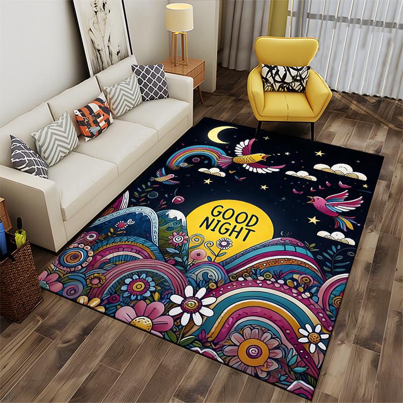 Colorful Night Sky Carpet with "Good Night" Moon and Birds Pattern Suitable for Use As an Anti-slip for Living Room Bedroom Sofas