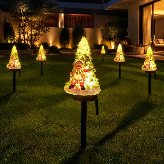 Christmas Tree Ornament for Garden Solar Light, Santa Resin Yard Stake Decor with Craft Decorations Patio Warm Glow, Waterproof Outdoor Lawn