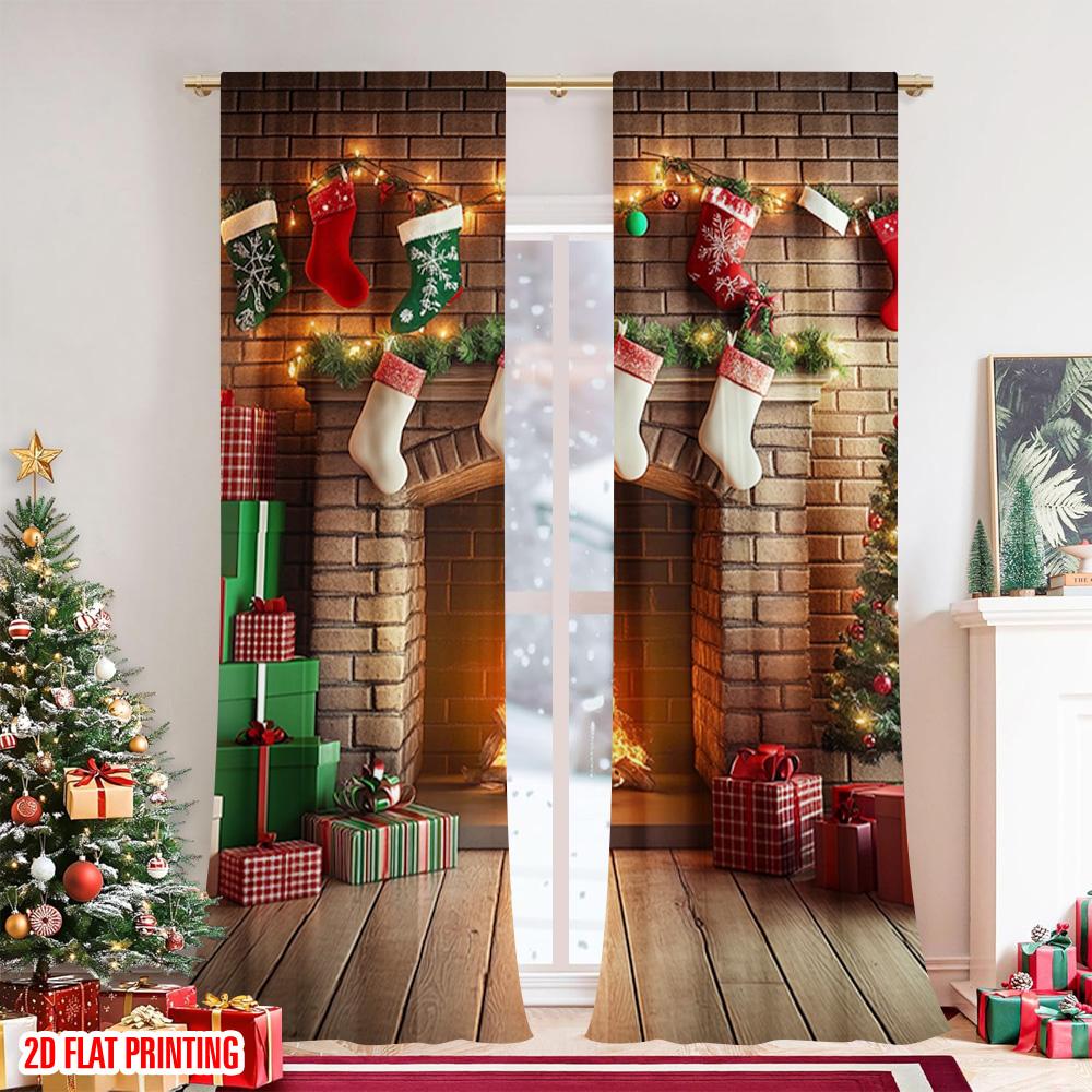 2pcs 2D Flat Printing Christmas Window Curtains Vintage Christmas Fireplace 100% Polyester Without Electricity Family Party for