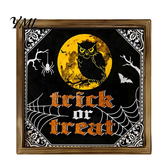 Rustic Pumpkin Castle Shelf Decorations Wooden Halloween Framed Decor Sign, Happy Trick or Treat Printed Picture Frame, Party Witch Owl Wall Tabletop