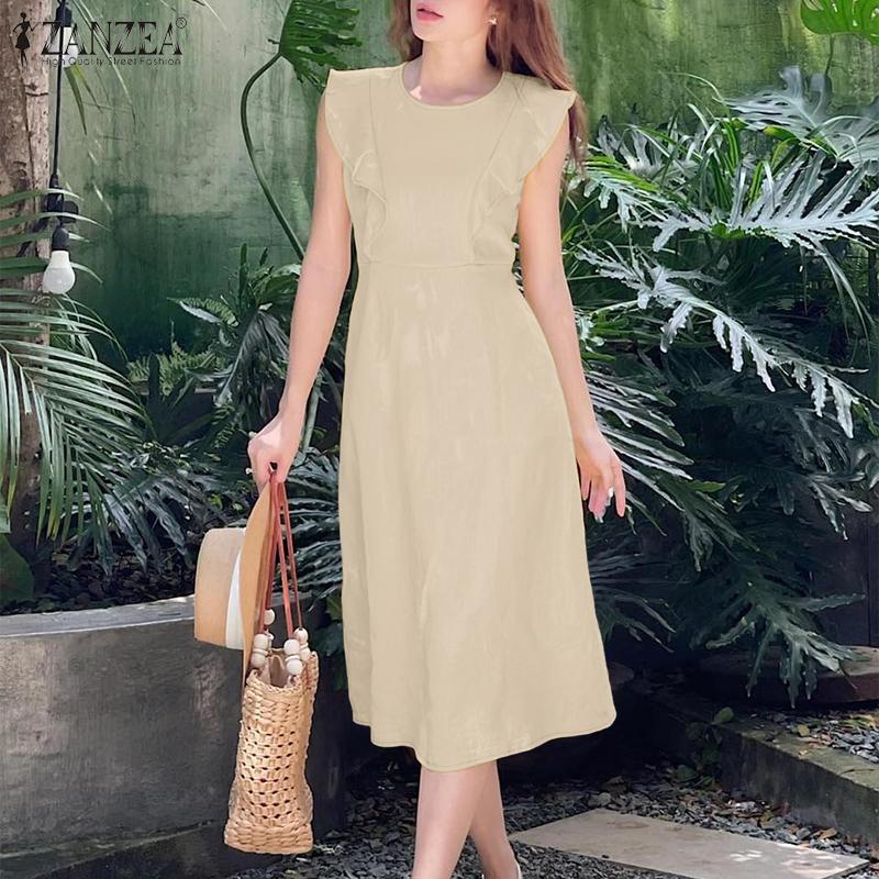 ZANZEA Women Casual Round Neck Ruffles Splice Sleeveless Dress