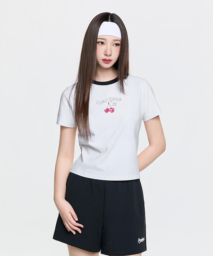 Emelbi Women'S Summer Fruit Ringer Slim Semi-Crop Short Sleeve T-Shirt Ny (White)