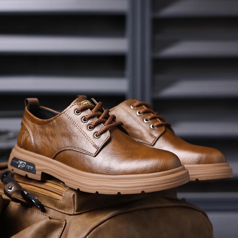 Spring Derby Shoes Men's Low Top Martin Boots British Style Round Head Big Head Shoes Black Tooling Shoes Platform Casual Leather Shoes