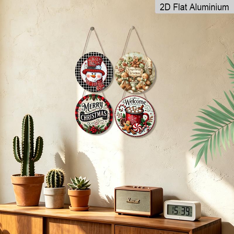 2D Flat, 4pcs Round Aluminum Hanging Sign Set, Vintage Warm Xmas Metal Door Plaque Combo, Farmhouse Porch Yard Balcony Kitchen Home Xmas Wall Decor