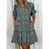 Women Ruffles Mini Dress Summer Fashion Elegant V-Neck Floral Print Patchwork Dresses Loose Pocket Casual Beach Party Vestidos
