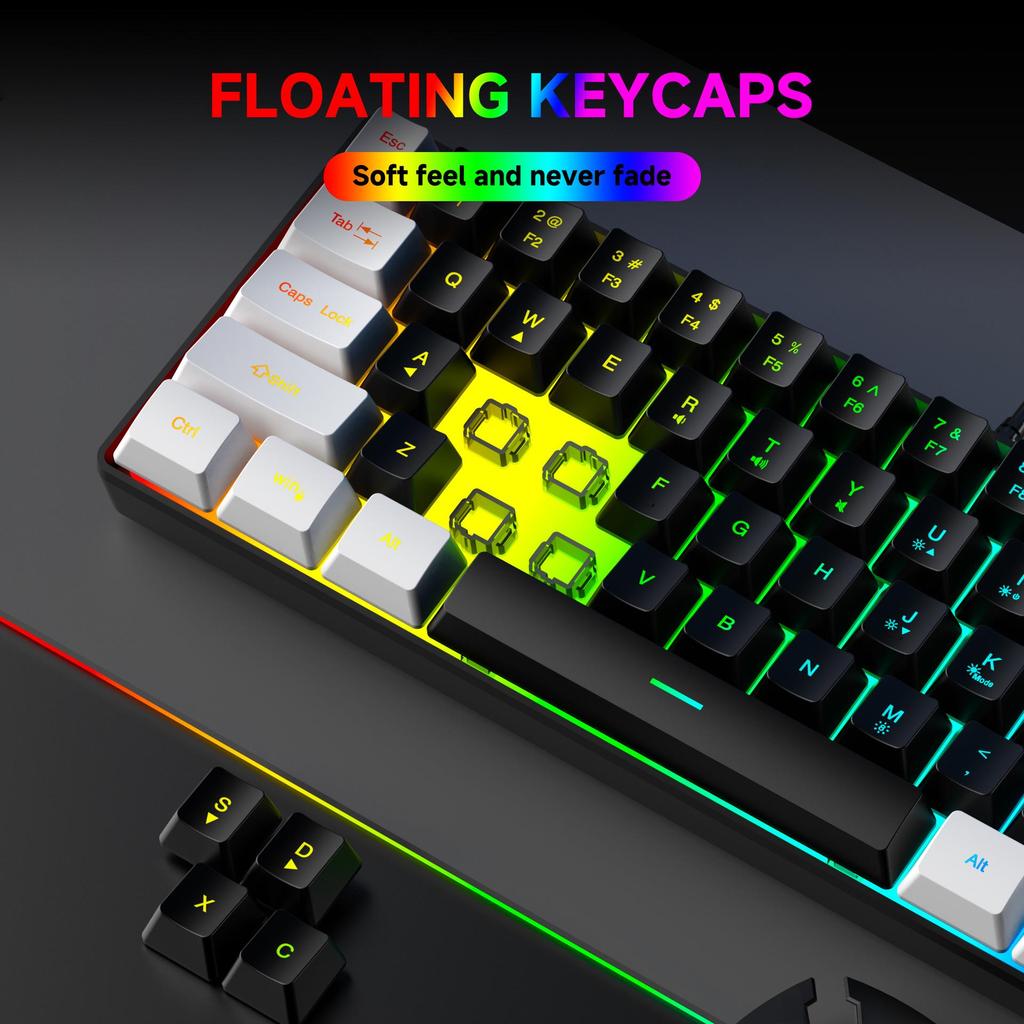 61-Key RGB Wired Gaming Keyboard & Mouse Set, Non-mechanical Membrane, Black & White, with Seven-Color Mini Backlight