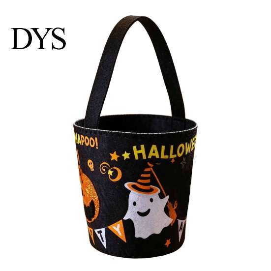 Halloween Candy Bucket Trick or Treat for Kids, Pumpkin Face Ghost Bat Cat Reusable Fabric Snack Basket, Holder with Handle Party Favors