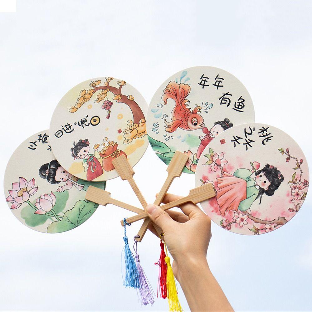 Handmade Chinese Style Circular Fan Long Handle Round Fan Art Hand Fans Bamboo Handle Fan Summer