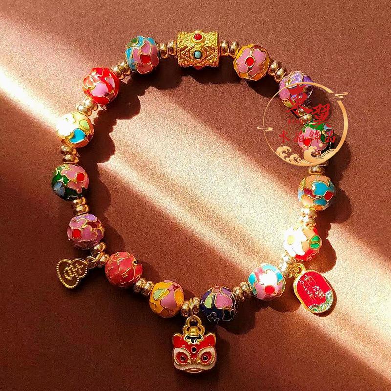 Awakened Lion Temple Style Cloisonné Enamel Bracelet with Gold Foil and Ash Porcelain Beads