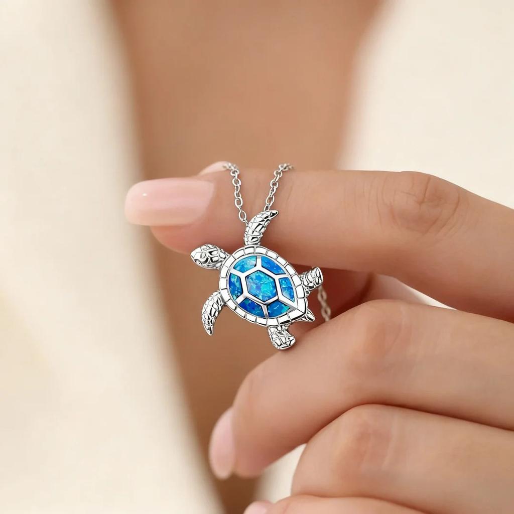 With Imitation Blue Opal Necklace, Bohemia Cute Sea Turtle Pendant Necklace for Women Mom, Wedding  Accessories Gifts